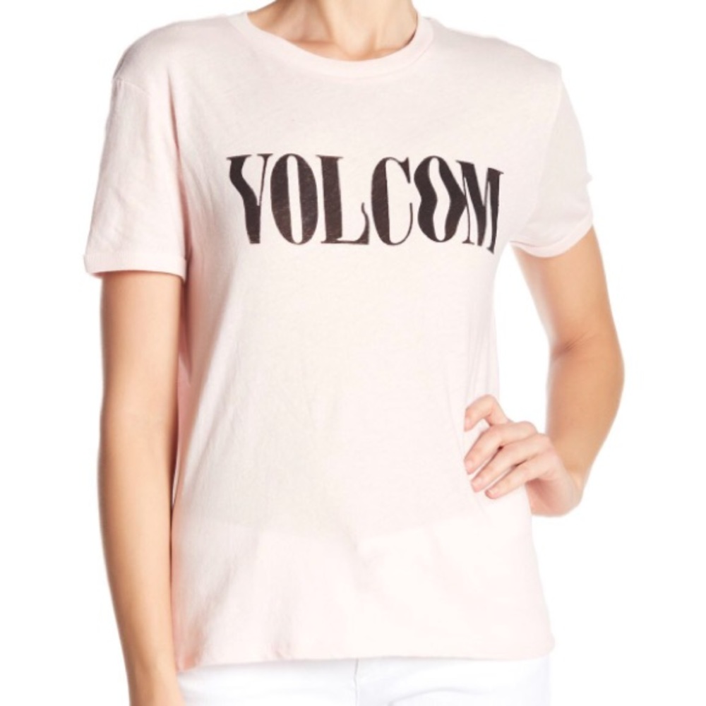 VOLCOM Pink Logo Graphic Print Ringer Tee